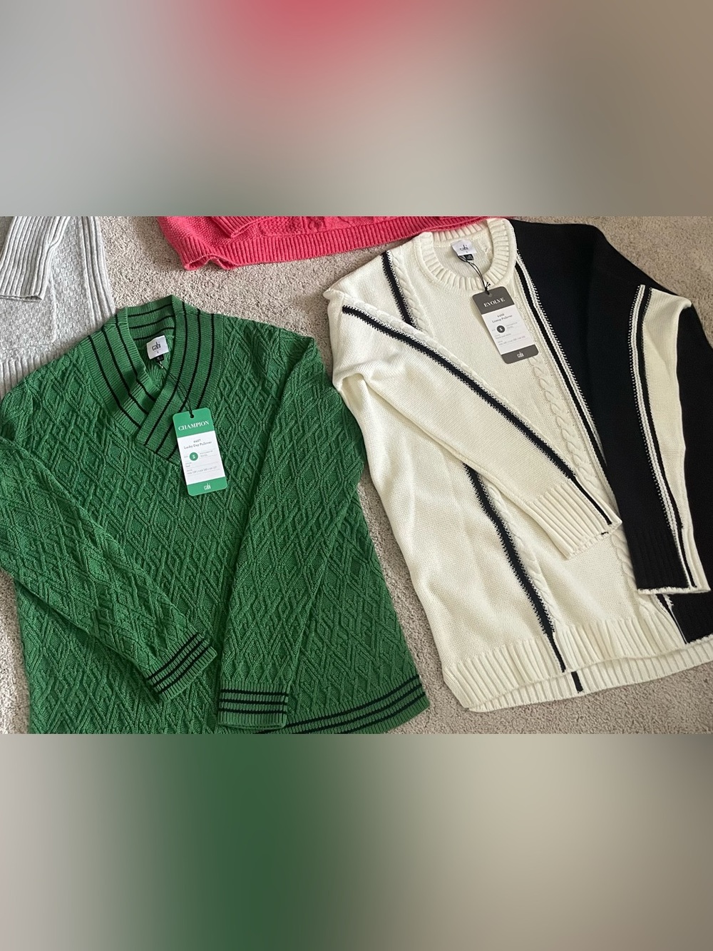 CAbi Cream V-Neck Sweater with Black Trim and Green Cable-Knit V-Neck Sweater